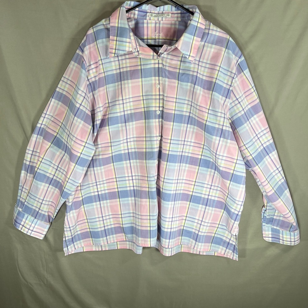 Women's Pink Purple Plaid Button Down Tunic - 24W Plus - Easter Spring Casual